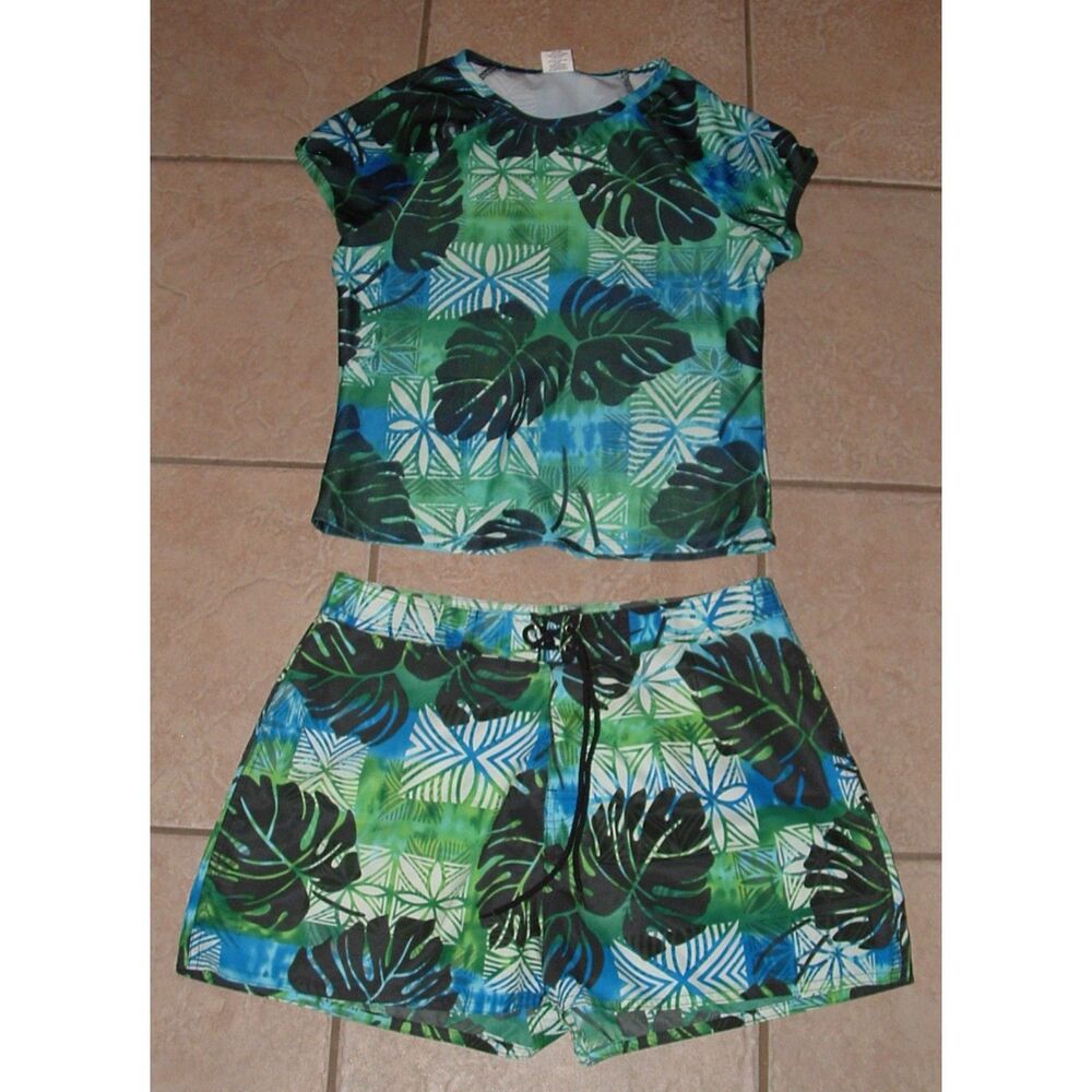 OCEAN GEAR Colorful Sz Medium / Large Rash Guard Shirt & Board Shorts 2 Pc Set